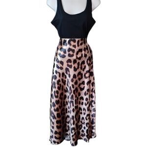 Calligraphie Leopard Print Satin Maxi Midi Skirt Large Silky Animal Print NWT